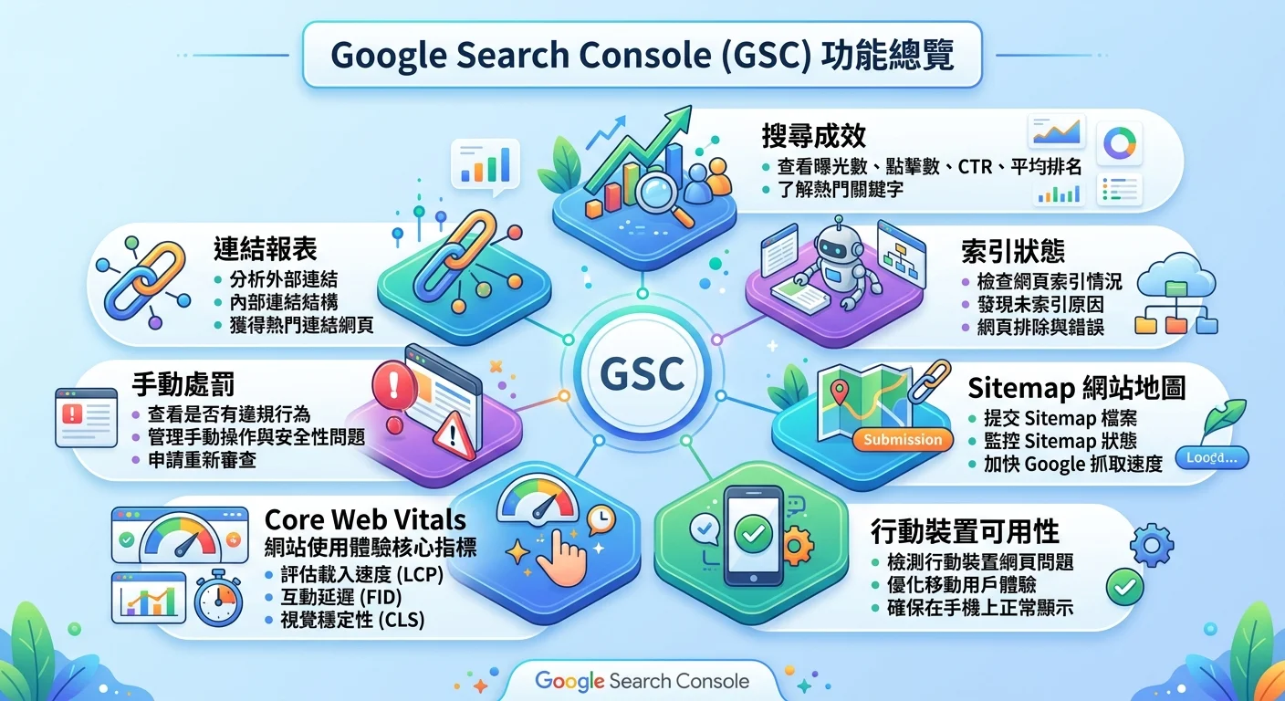 GSC 功能總覽資訊圖，七大功能模組：搜尋成效、索引狀態、Sitemap、行動裝置、Core Web Vitals、手動處罰、連結報表