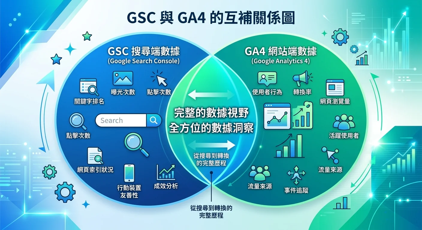 GSC 與 GA4 的互補關係圖，兩個圓圈分別代表搜尋端和網站端數據，交疊區標示「完整的數據視野」