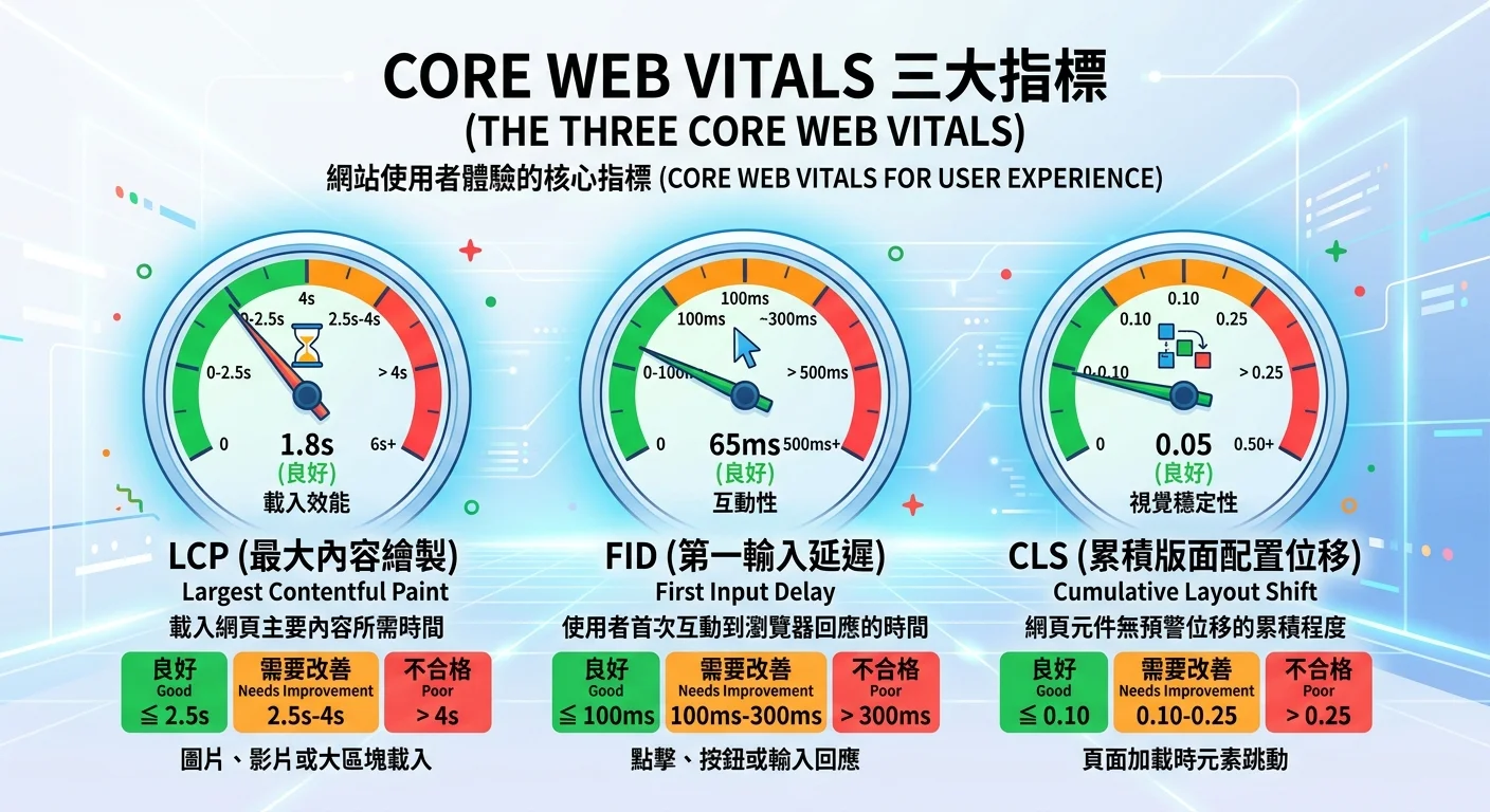 Core Web Vitals 三大指標圖解，三個儀表板分別顯示 LCP、FID、CLS 的合格與不合格範圍
