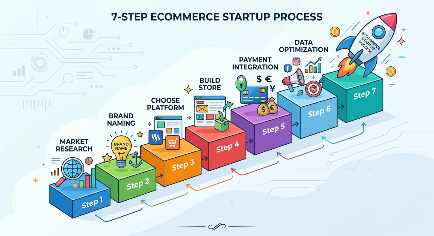 電商創業 7 步驟流程圖，七個步驟以階梯式上升排列：市場調查→品牌命名→選開店方式→架站上架→串接金流物流→行銷推廣→數據優化