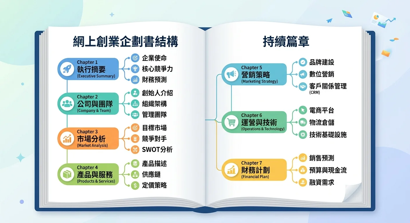 企劃書 7 大章節架構圖，以書本展開形式呈現七個章節