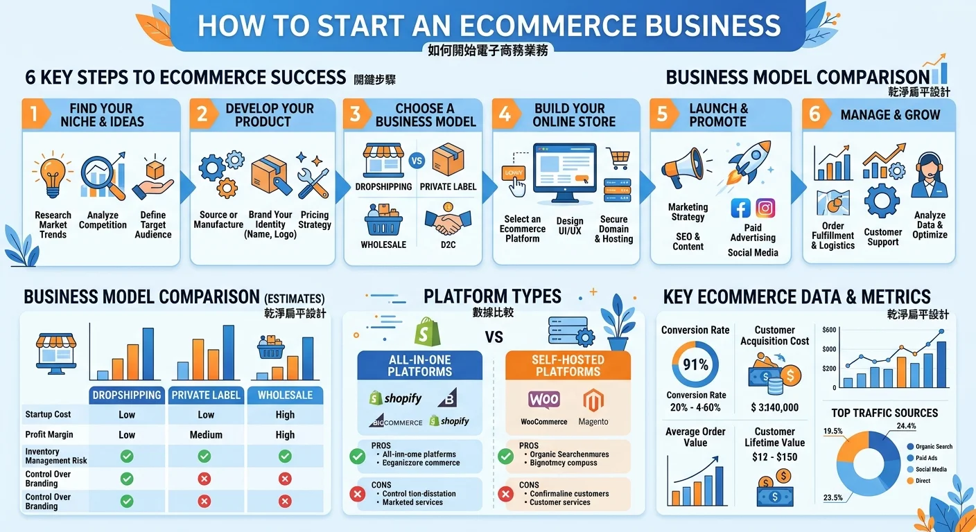 電商怎麼做？2026 創業流程 7 步驟＋企劃書範本免費下載相關的視覺化資訊圖，展示核心概念與數據對比
