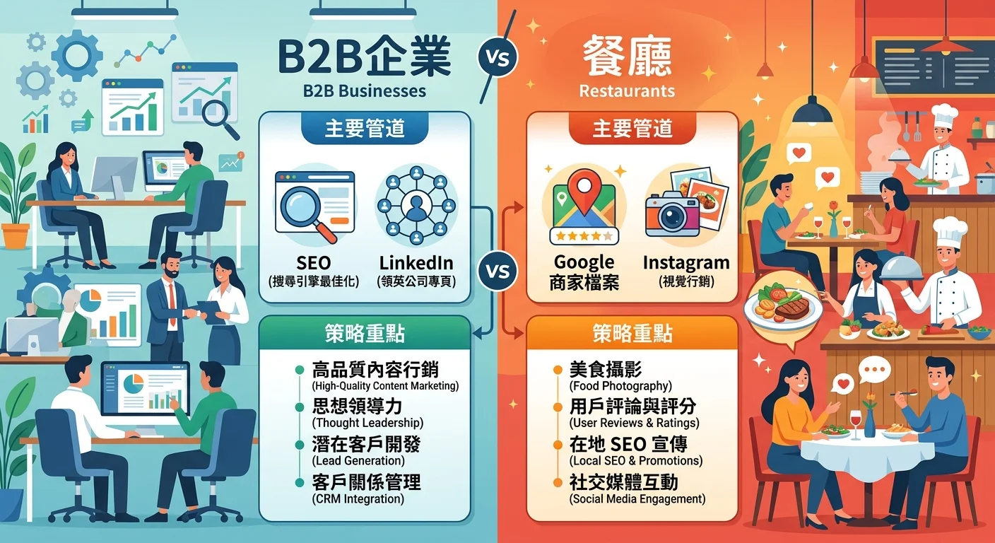 B2B 企業和餐廳兩個產業的網路行銷策略對比圖，左半是辦公室場景搭配 SEO/LinkedIn 圖示，右半是餐廳場景搭配 Google 商家/Instagram 圖示
