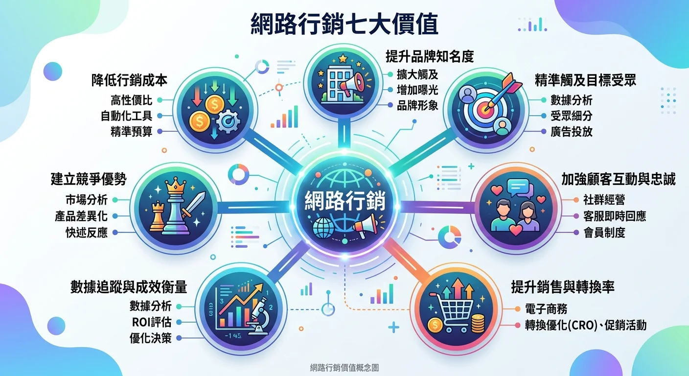 網路行銷七大價值放射狀圖，中心為「網路行銷」，七條線連接七個價值