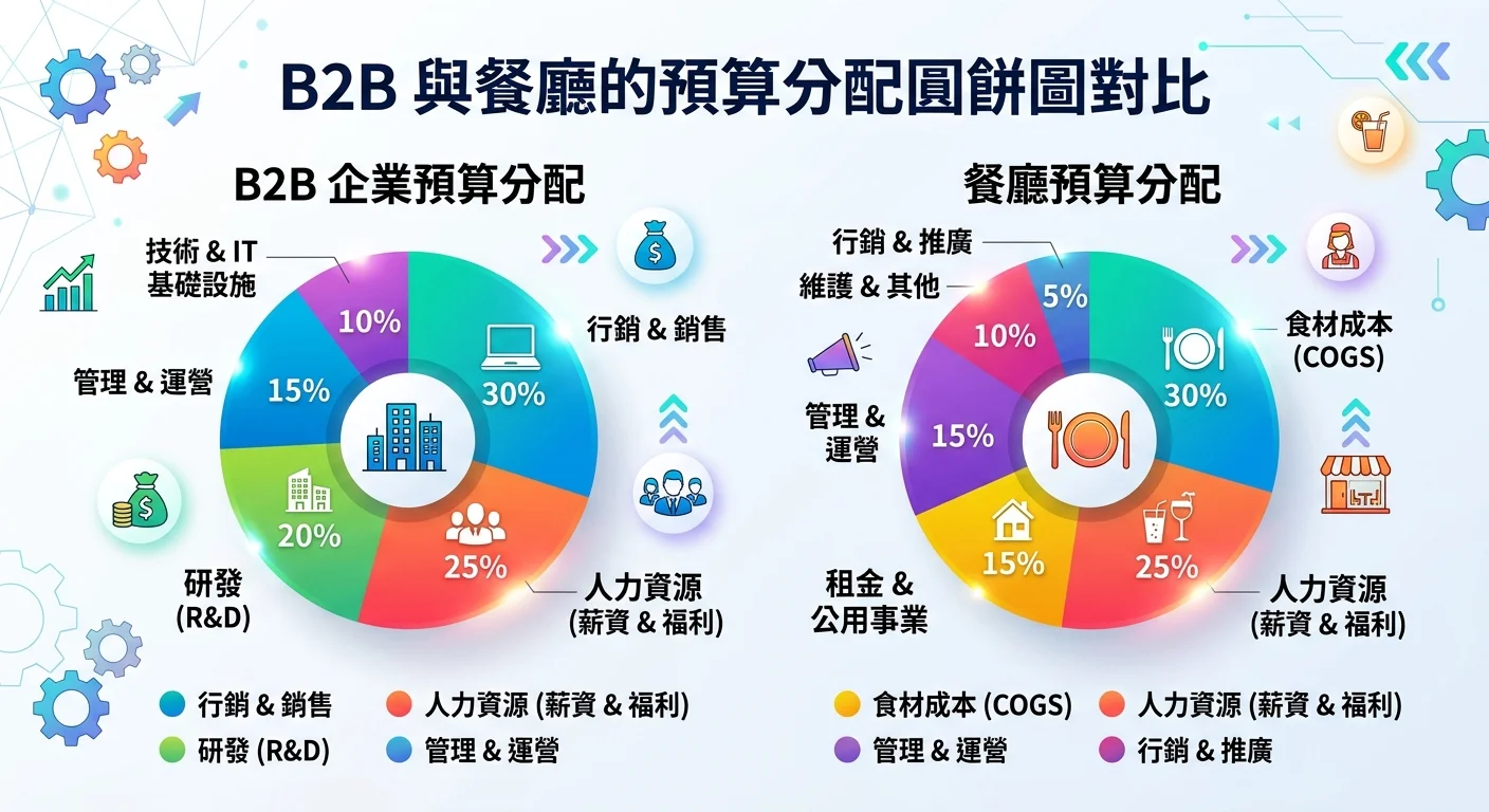 B2B 和餐廳的預算分配圓餅圖對比，兩個圓餅圖並排