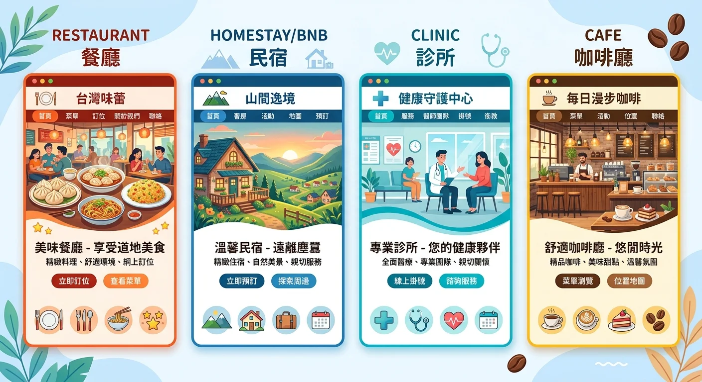 四種行業（餐廳、民宿、診所、咖啡廳）的網站首頁縮圖並排展示