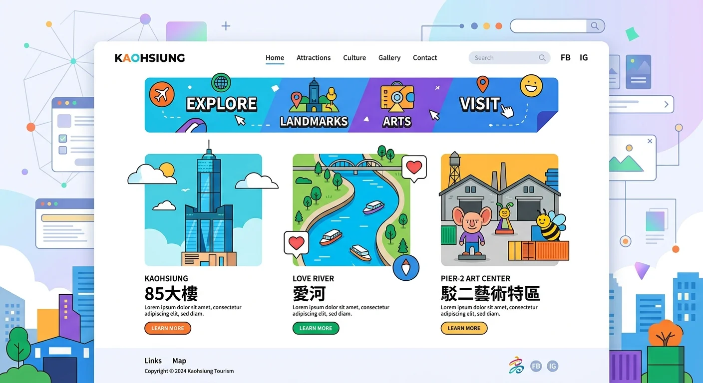 高雄地標（85大樓、愛河、駁二藝術特區）結合網頁設計元素的扁平插畫