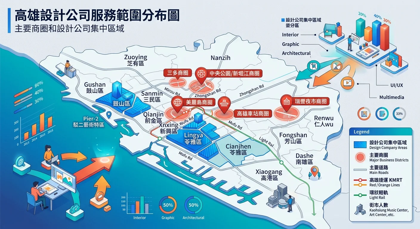 高雄設計公司服務範圍分布圖，標出主要商圈和設計公司集中區域