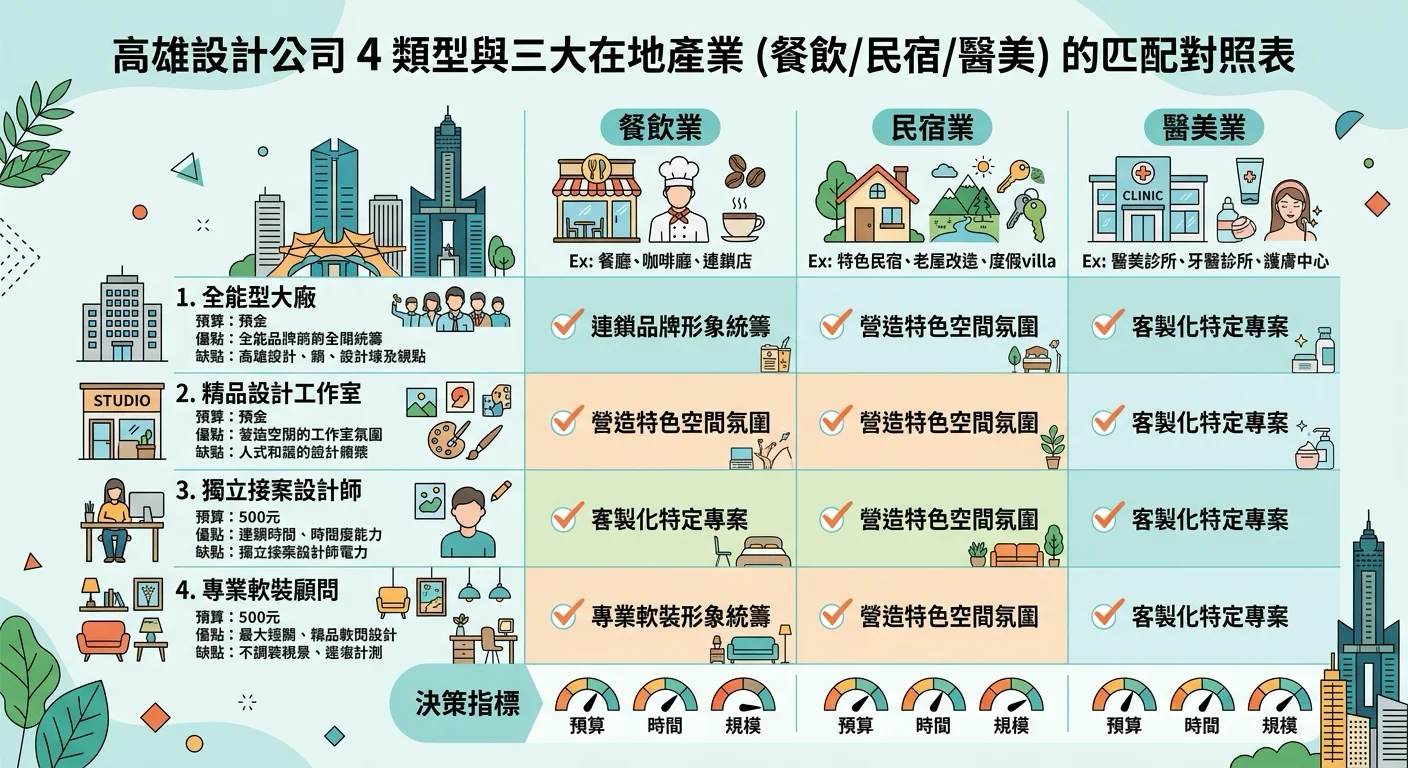 高雄設計公司 4 類型與三大在地產業（餐飲/民宿/醫美）的匹配對照表