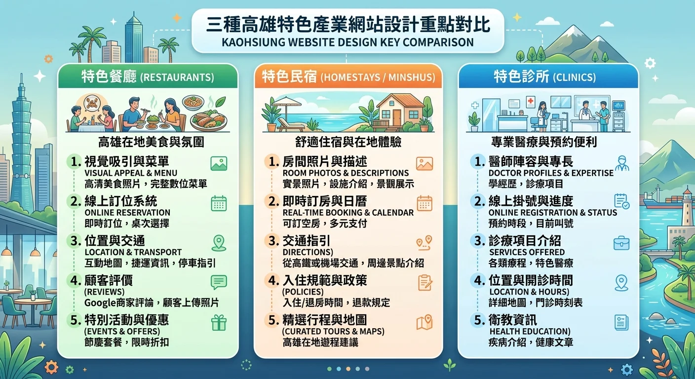 三種高雄特色產業（餐廳、民宿、診所）的網站設計重點對比圖，每個產業列出必備功能