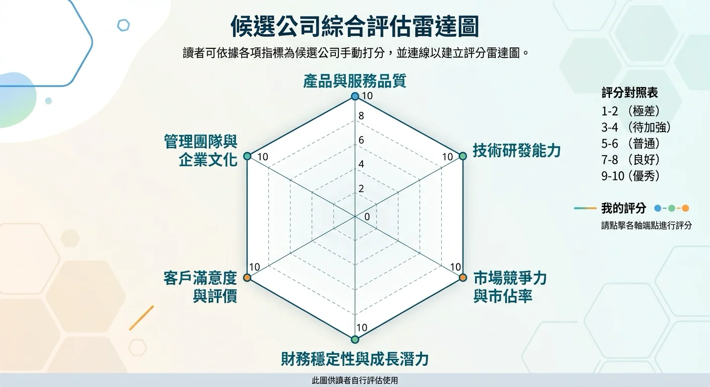 六角形雷達圖，六個端點為 6 個評估問題，讀者可自行幫候選公司打分