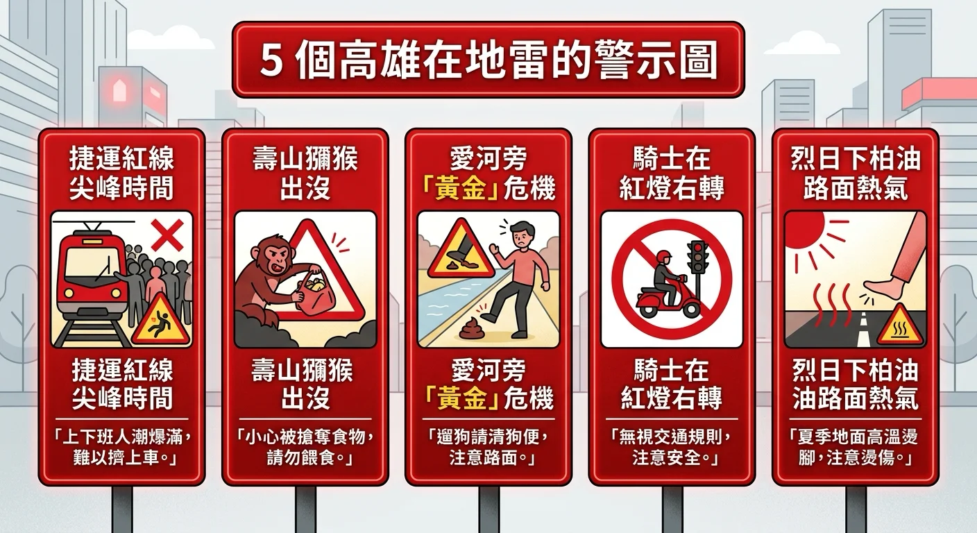 5 個高雄在地雷的警示圖，以紅色警告符號搭配短文字說明