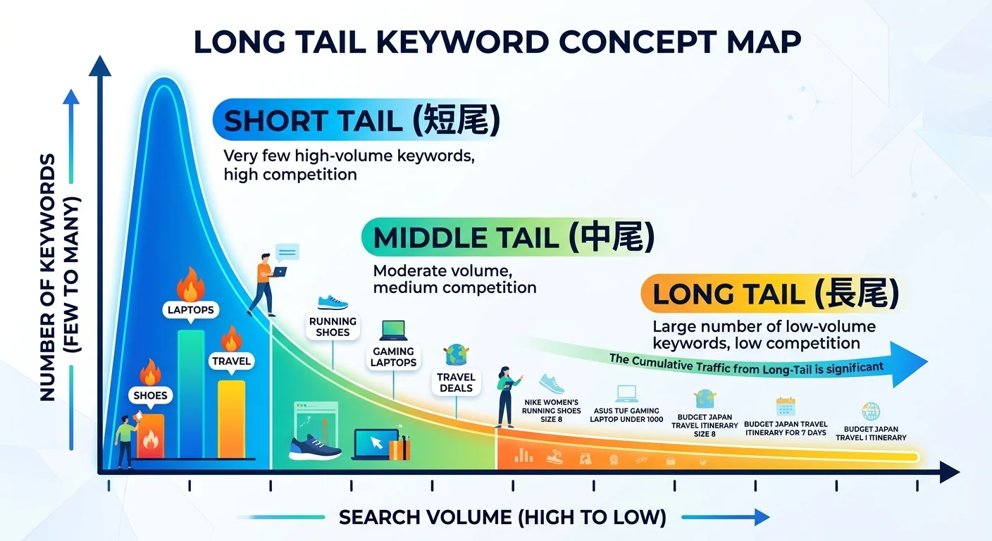 長尾關鍵字概念圖，X軸為搜尋量（由高到低），Y軸為關鍵字數量，曲線呈現頭部的高搜尋量短關鍵字和尾部的大量低搜尋量長尾關鍵字，標註三個區域：短尾、中尾、長尾