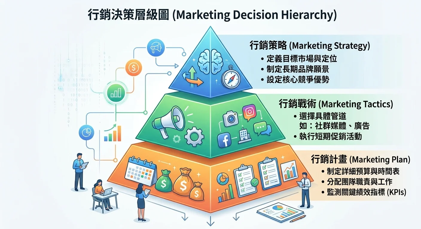 行銷策略、戰術、計畫三層金字塔圖，由上到下依序排列，搭配簡短說明