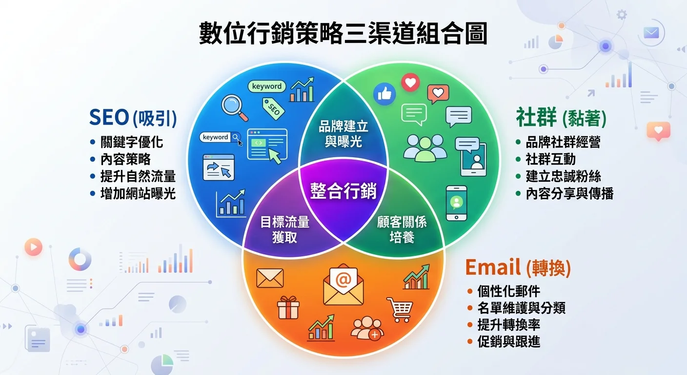 數位行銷策略三渠道組合圖，三個圓圈交疊：SEO（吸引）、社群（黏著）、Email（轉換），中心交疊區標示「整合行銷」