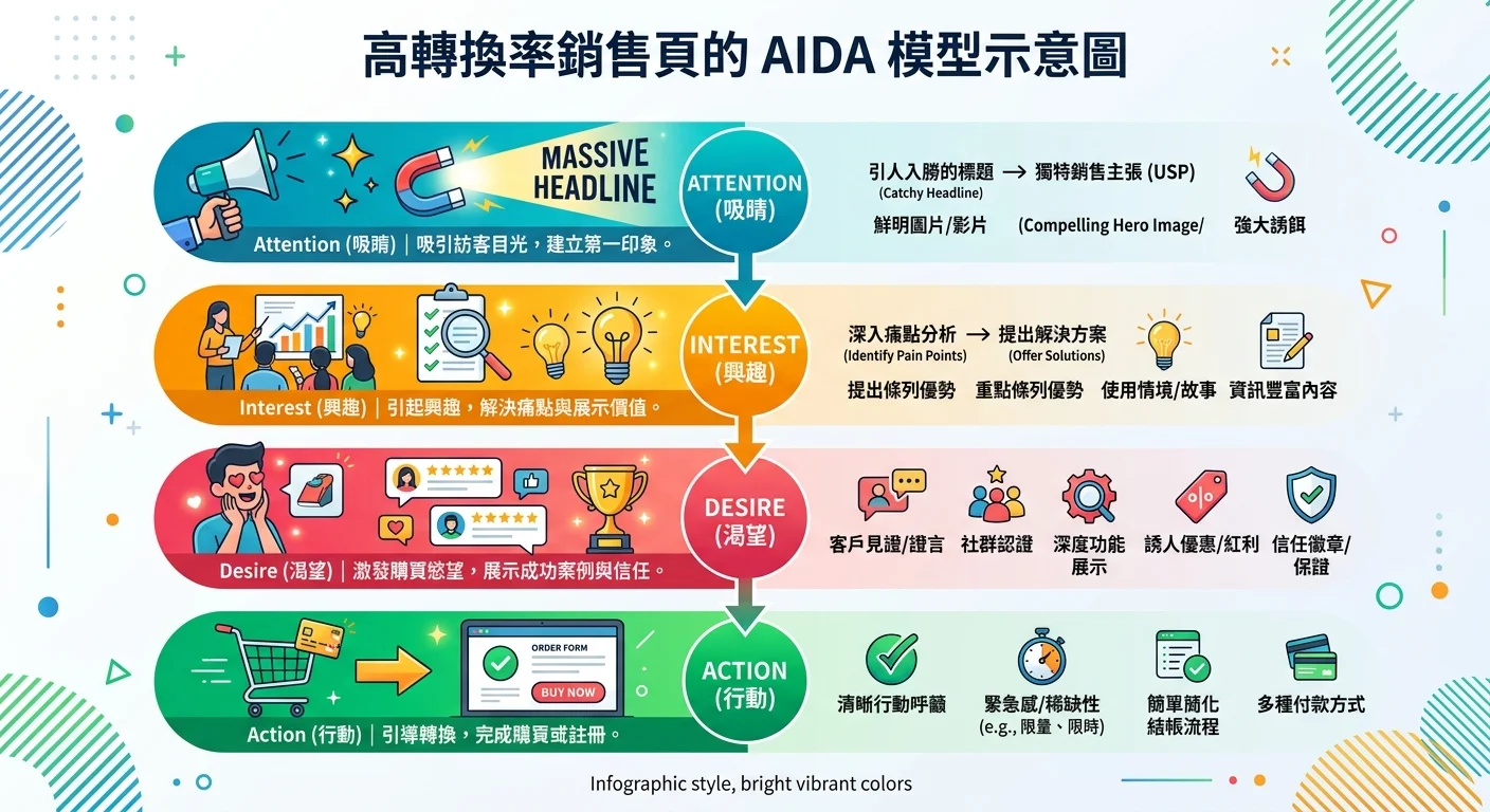 高轉換率銷售頁的 AIDA 模型示意圖，從上到下依序為 Attention（吸睛）→ Interest（興趣）→ Desire（渴望）→ Action（行動），每階搭配對應的頁面區塊說明