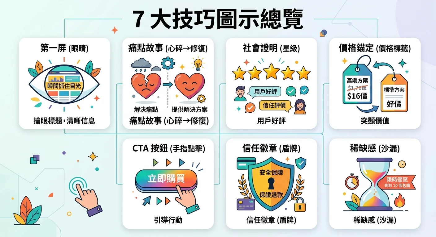 7 大技巧圖示總覽，以網格排列 7 個圖示：第一屏（眼睛）、痛點故事（心碎→修復）、社會證明（星級）、價格錨定（價格標籤）、CTA 按鈕（手指點擊）、信任徽章（盾牌）、稀缺感（沙漏）