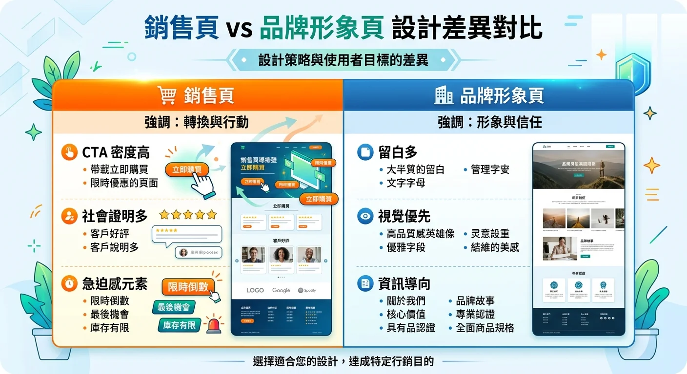 銷售頁 vs 品牌形象頁的設計差異對比圖，左側「銷售頁」強調 CTA 密度高、社會證明多、急迫感元素，右側「品牌形象頁」強調留白多、視覺優先、資訊導向