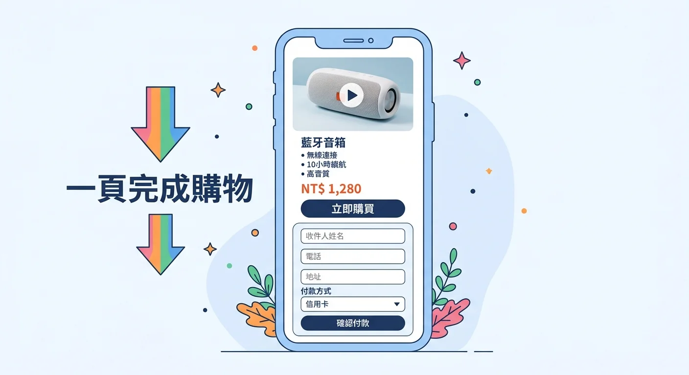 一頁式商店概念圖，一個手機螢幕從上到下展示：商品照片→商品介紹→價格→購買按鈕→結帳表單，旁邊標示「一頁完成購物」