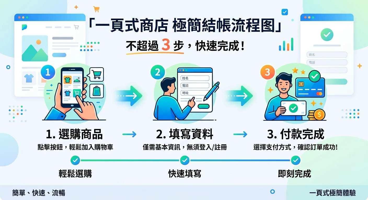 一頁式商店的結帳流程圖，三步：選商品→填資料→付款完成，每步搭配簡易圖示，強調「不超過 3 步」的極簡結帳