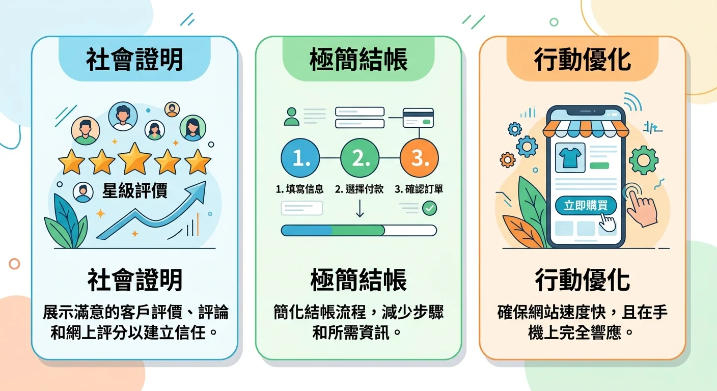 轉換率提升三大技巧圖，三格呈現：社會證明（星級評價圖示）、極簡結帳（三步流程圖示）、行動優化（手機圖示），每格搭配簡易說明