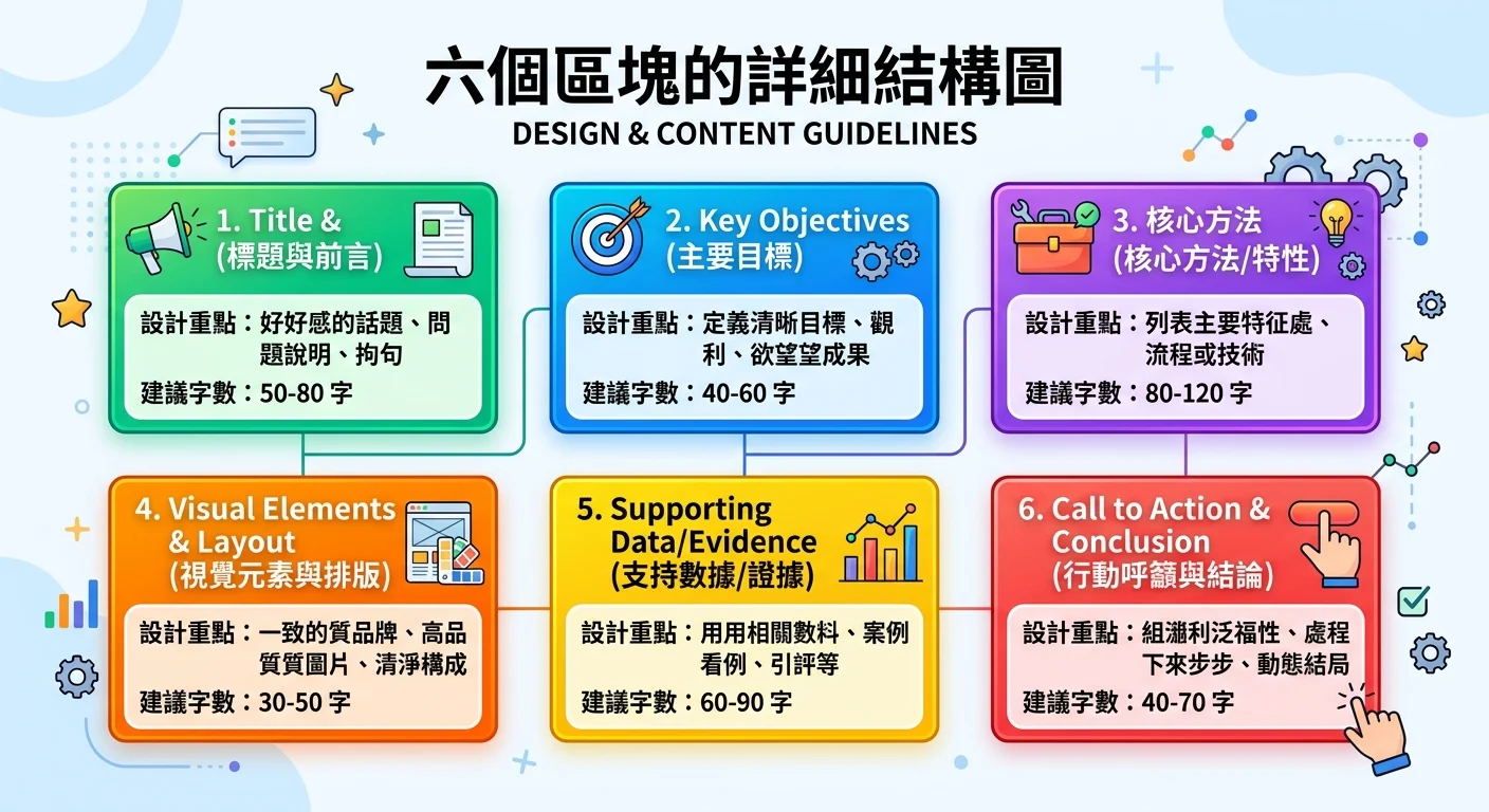六個區塊的詳細結構圖，每個區塊標示設計重點和建議字數