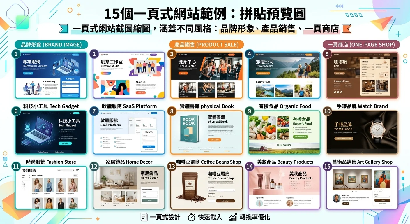 15 個一頁式網站範例的拼貼預覽圖，以網格排列呈現不同風格的一頁式網站截圖縮圖，涵蓋品牌形象、產品銷售、一頁商店三種類型