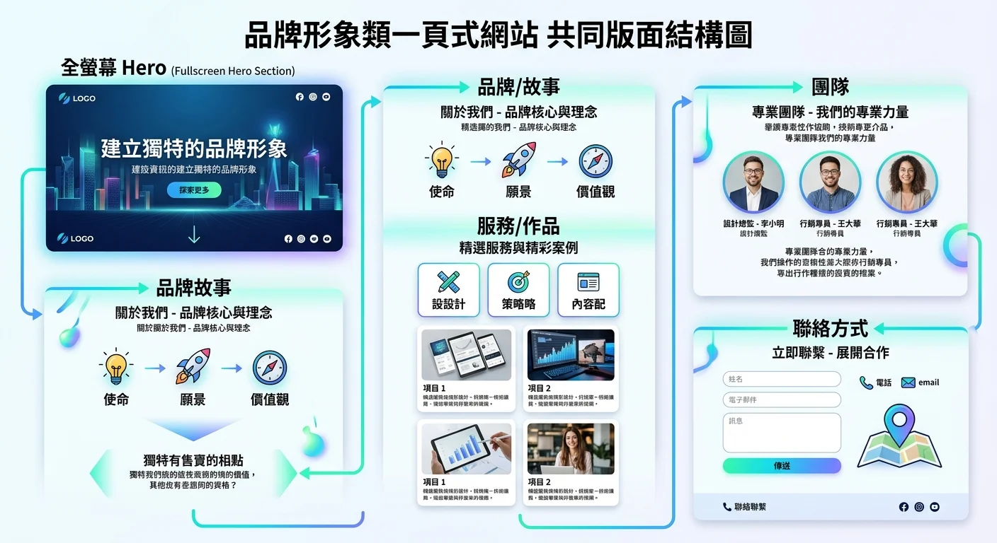 品牌形象類一頁式網站的共同版面結構圖，從上到下依序為：全螢幕 Hero → 品牌故事 → 服務/作品 → 團隊 → 聯絡方式