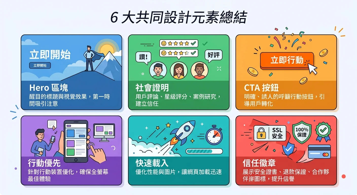 6 大共同設計元素的圖示總結，六格排列：Hero 區塊、社會證明、CTA 按鈕、行動優先、快速載入、信任徽章，每格搭配簡易圖示