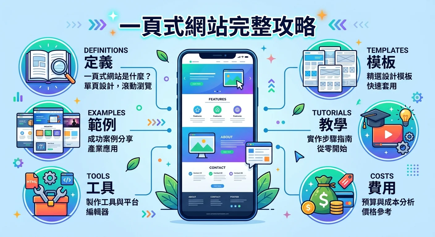 一頁式網站完整攻略主視覺，中央為一頁式網站的示意圖（長條滾動頁面），周圍環繞六個主題圖示：定義、範例、工具、費用、教學、模板