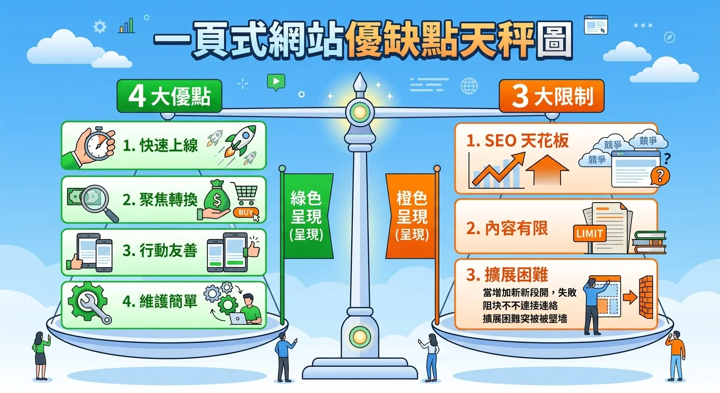 一頁式網站優缺點天秤圖，左側 4 大優點以綠色呈現（快速上線、聚焦轉換、行動友善、維護簡單），右側 3 大限制以橙色呈現（SEO 天花板、內容有限、擴展困難）