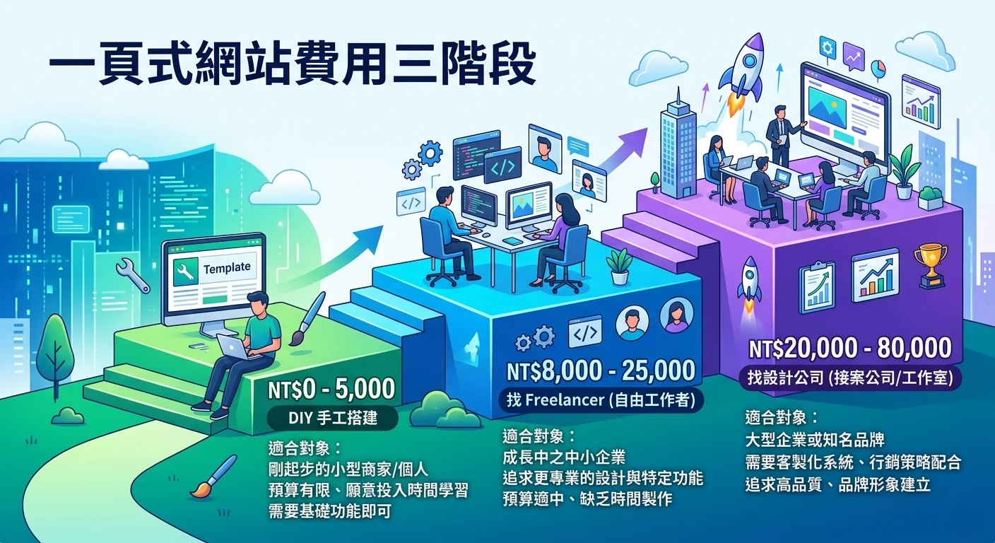 一頁式網站費用三階段圖，以階梯式呈現：DIY（NT$0-5,000）、找 Freelancer（NT$8,000-25,000）、找設計公司（NT$20,000-80,000），每階標示適合對象