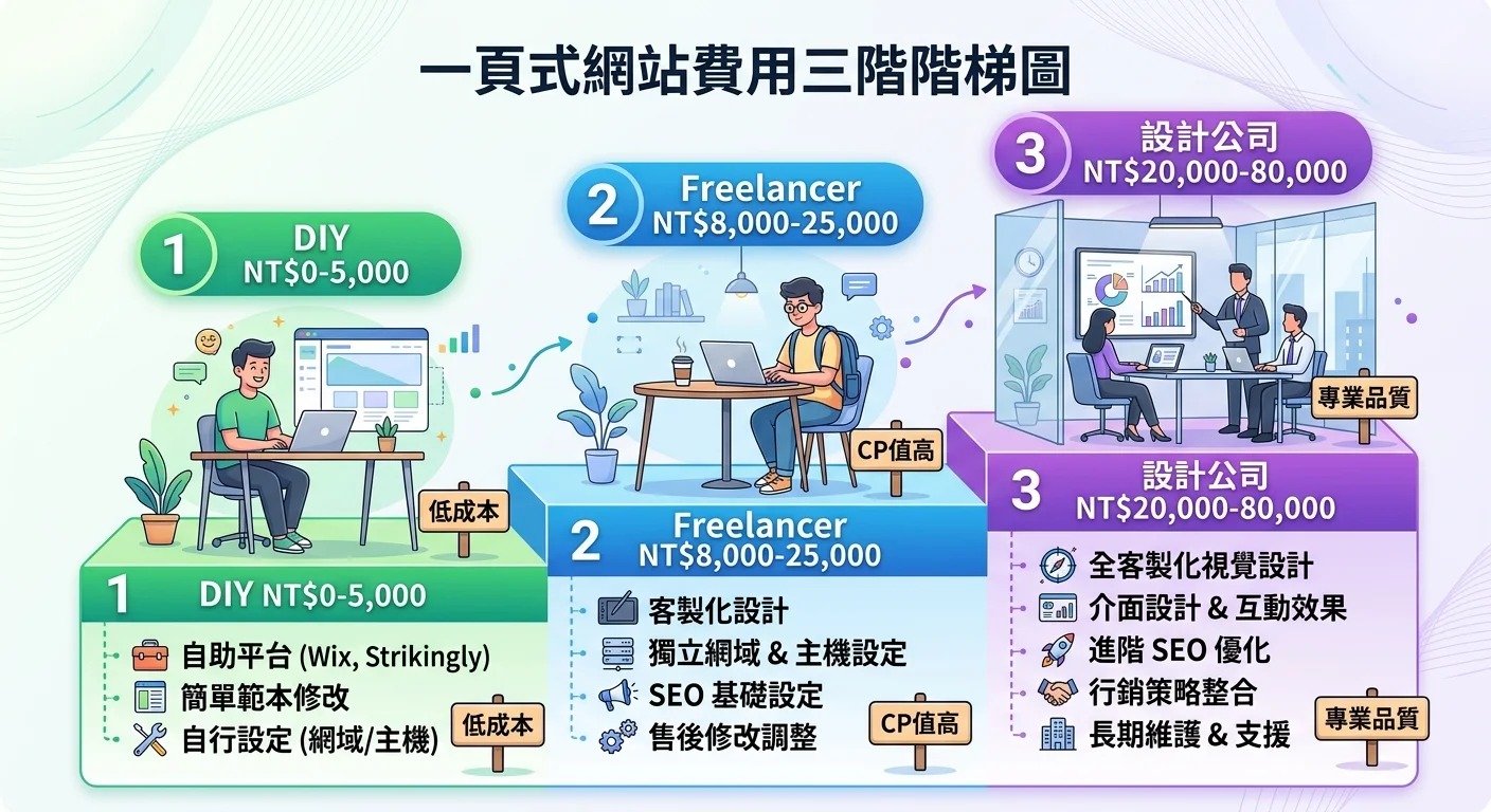 一頁式網站費用三階段階梯圖，最低階「DIY NT$0-5,000」，中階「Freelancer NT$8,000-25,000」，最高階「設計公司 NT$20,000-80,000」
