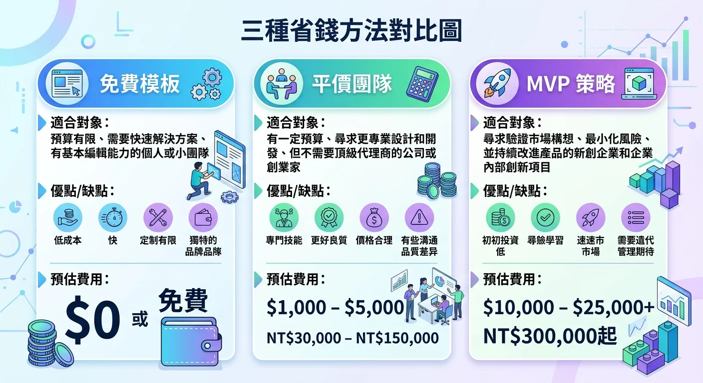 三種省錢方法對比圖，三欄分別為「免費模板」「平價團隊」「MVP 策略」，每欄標示適合對象和預估費用