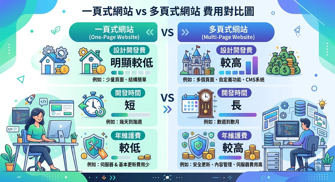 一頁式網站 vs 多頁式網站費用對比圖，兩欄呈現設計開發費、開發時間、年維護費三項差異，一頁式明顯較低
