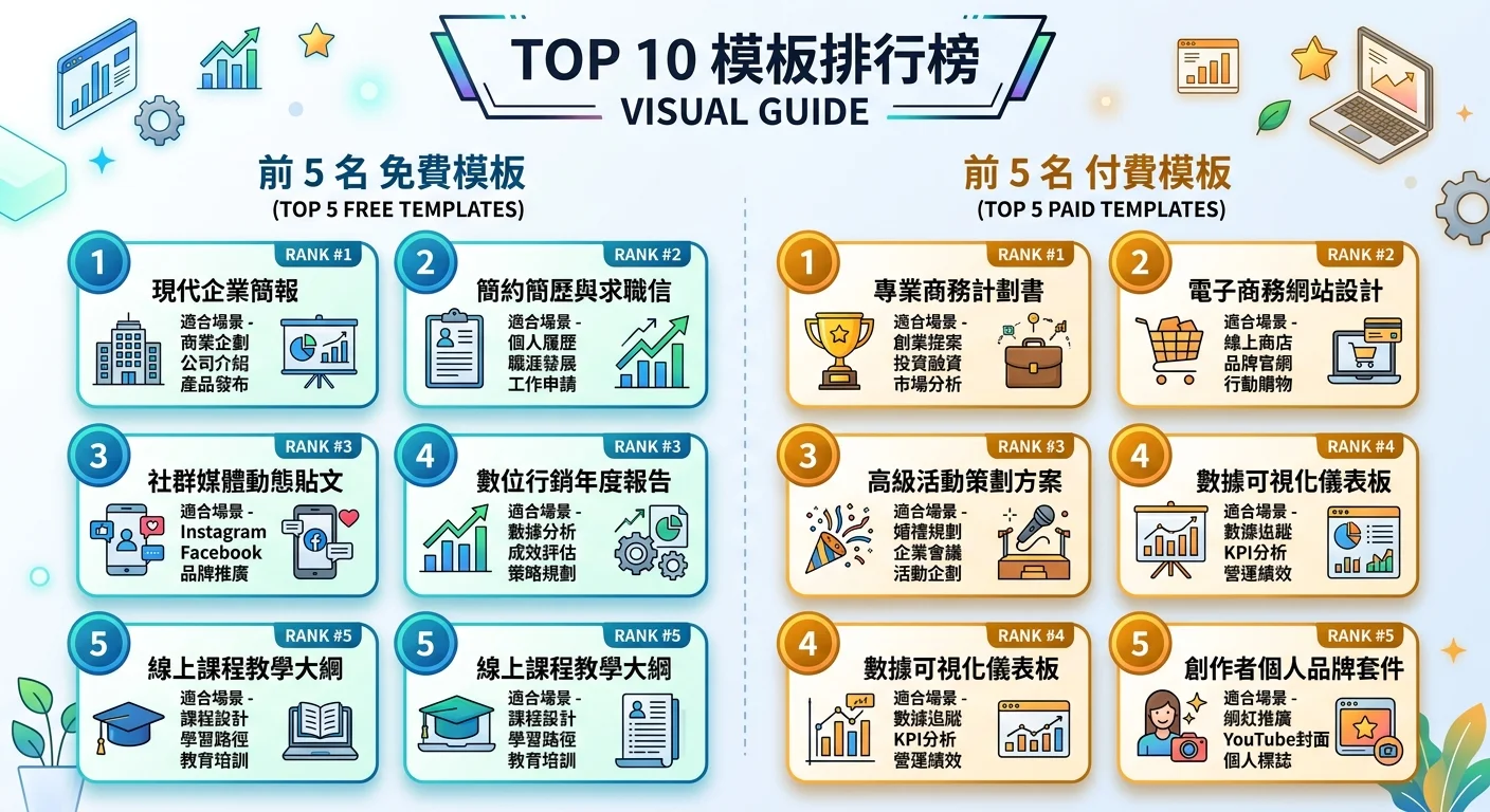 TOP 10 模板排行榜視覺圖，以卡片形式呈現前 5 名免費模板和前 5 名付費模板，每張卡片有模板名稱和適合場景