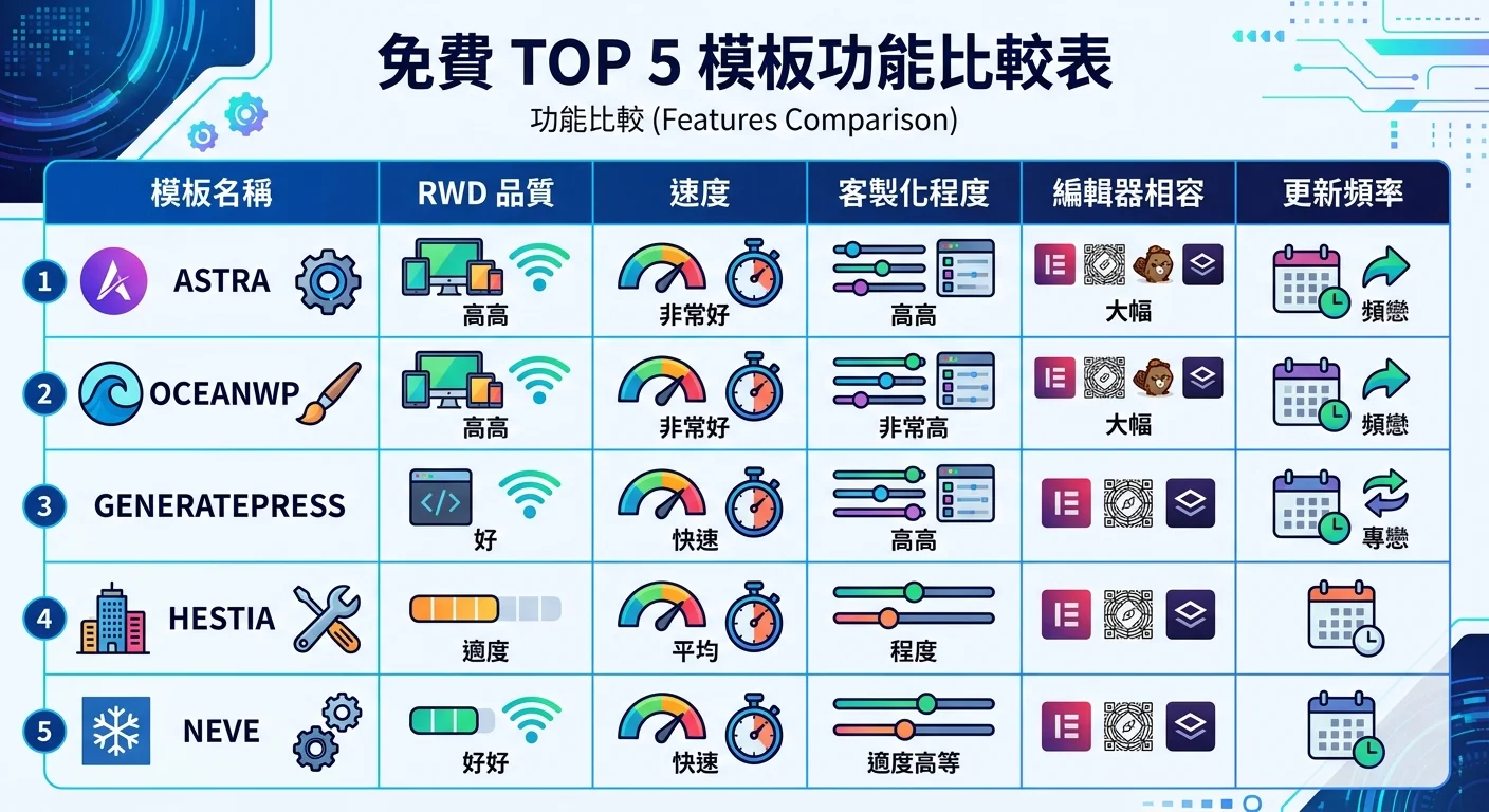 免費 TOP 5 模板功能比較表，五行五列，比較 RWD 品質、速度、客製化、編輯器相容、更新頻率