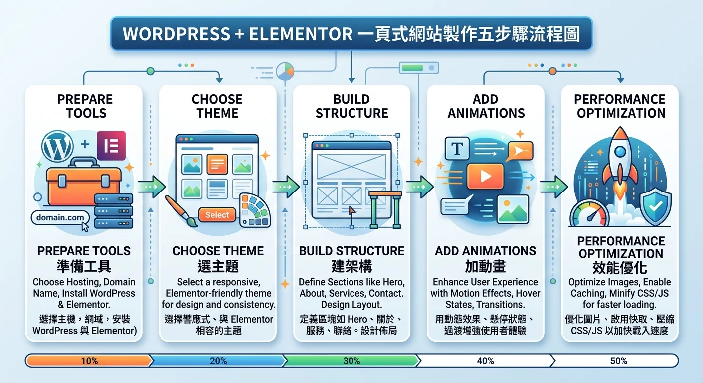 WordPress + Elementor 製作一頁式網站的五步驟流程圖，從左到右依序為：準備工具→選主題→建架構→加動畫→效能優化