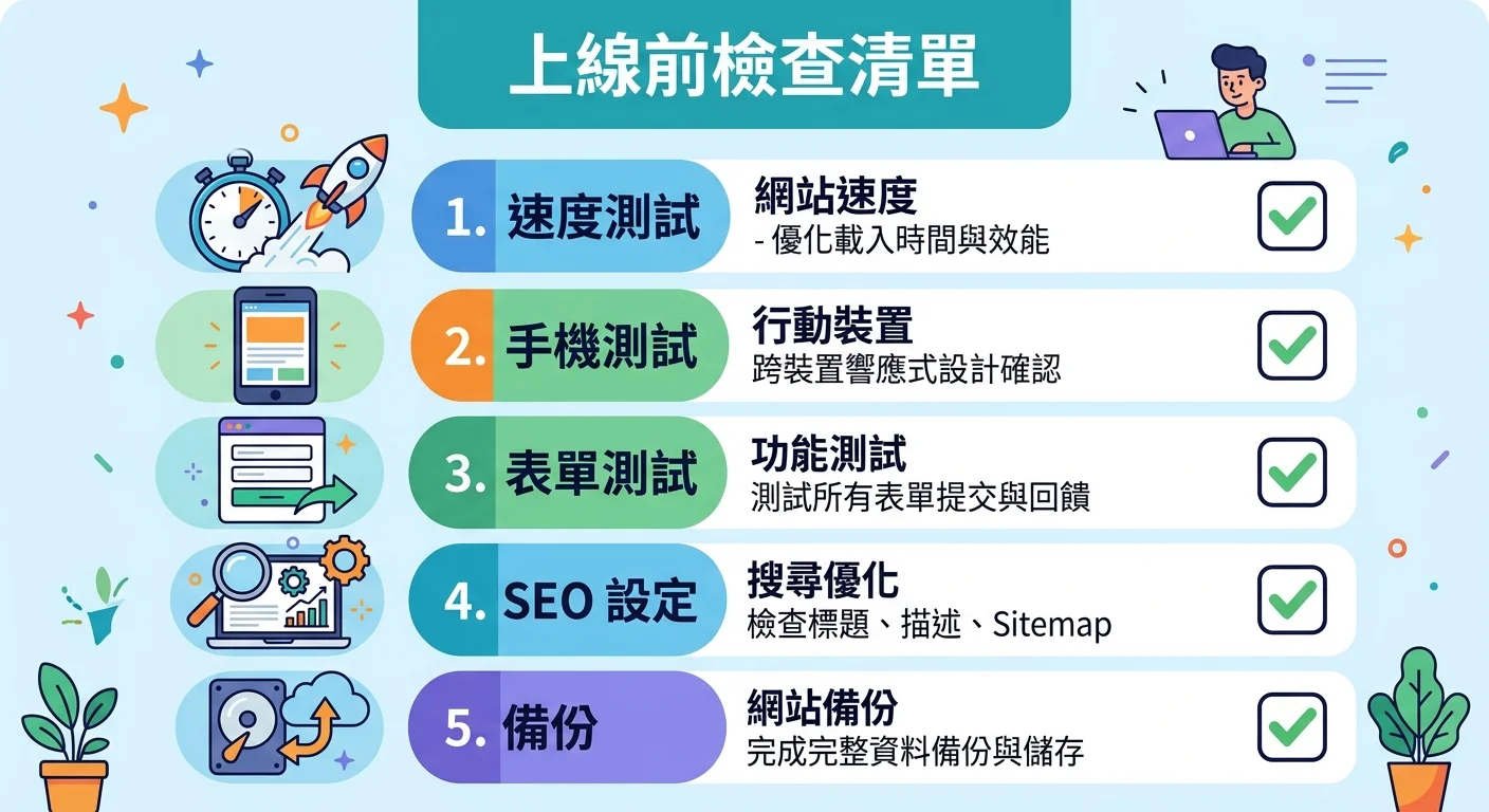 上線前檢查清單，列出 5 個必檢項目（速度測試、手機測試、表單測試、SEO 設定、備份），每項搭配勾選框圖示