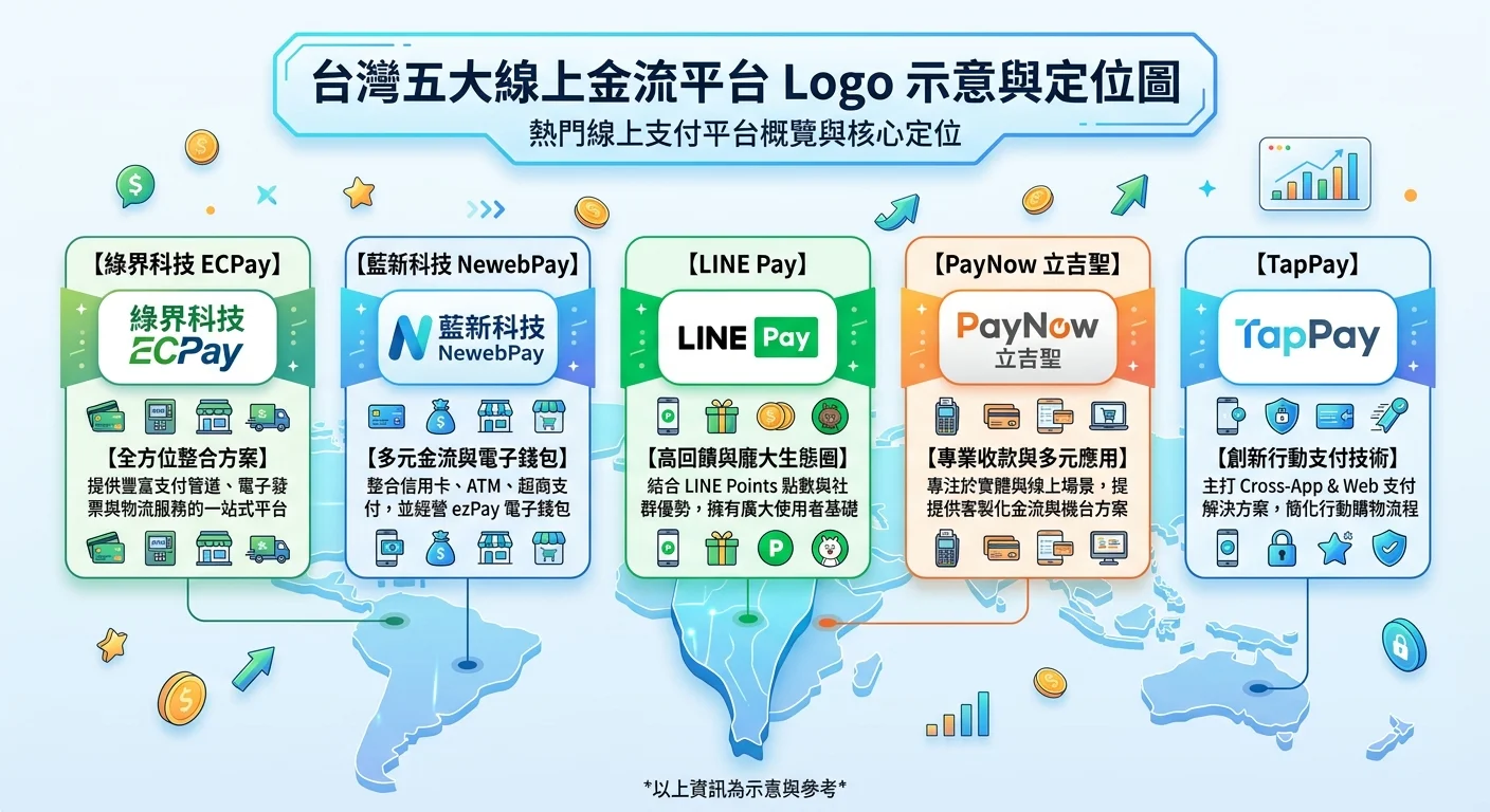 台灣五大線上金流平台 Logo 示意與定位圖，綠界、藍新、LINE Pay、PayNow、TapPay 排列，每個搭配一句話定位說明，背景為台灣地圖輪廓
