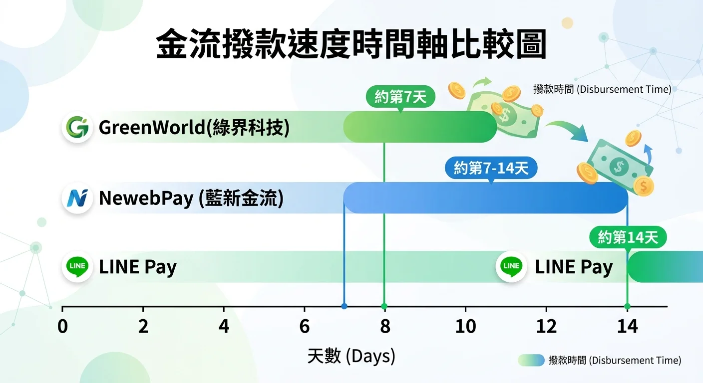 金流撥款速度時間軸比較圖，橫軸為天數（0-14天），綠界標示約第7天、藍新標示約第7-14天、LINE Pay 標示約第14天，每個平台用不同顏色的色塊標示撥款區間