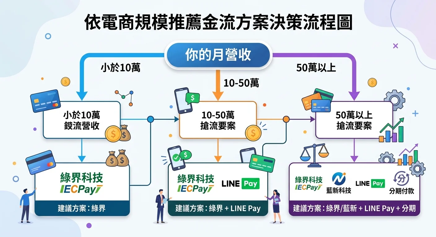 依電商規模推薦金流方案的決策流程圖，起點為「你的月營收」，分為三條路徑：小於10萬→綠界、10-50萬→綠界+LINE Pay、50萬以上→綠界/藍新+LINE Pay+分期