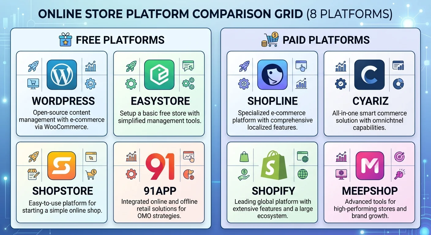 8 大開店平台 Logo 排列與定位分類圖