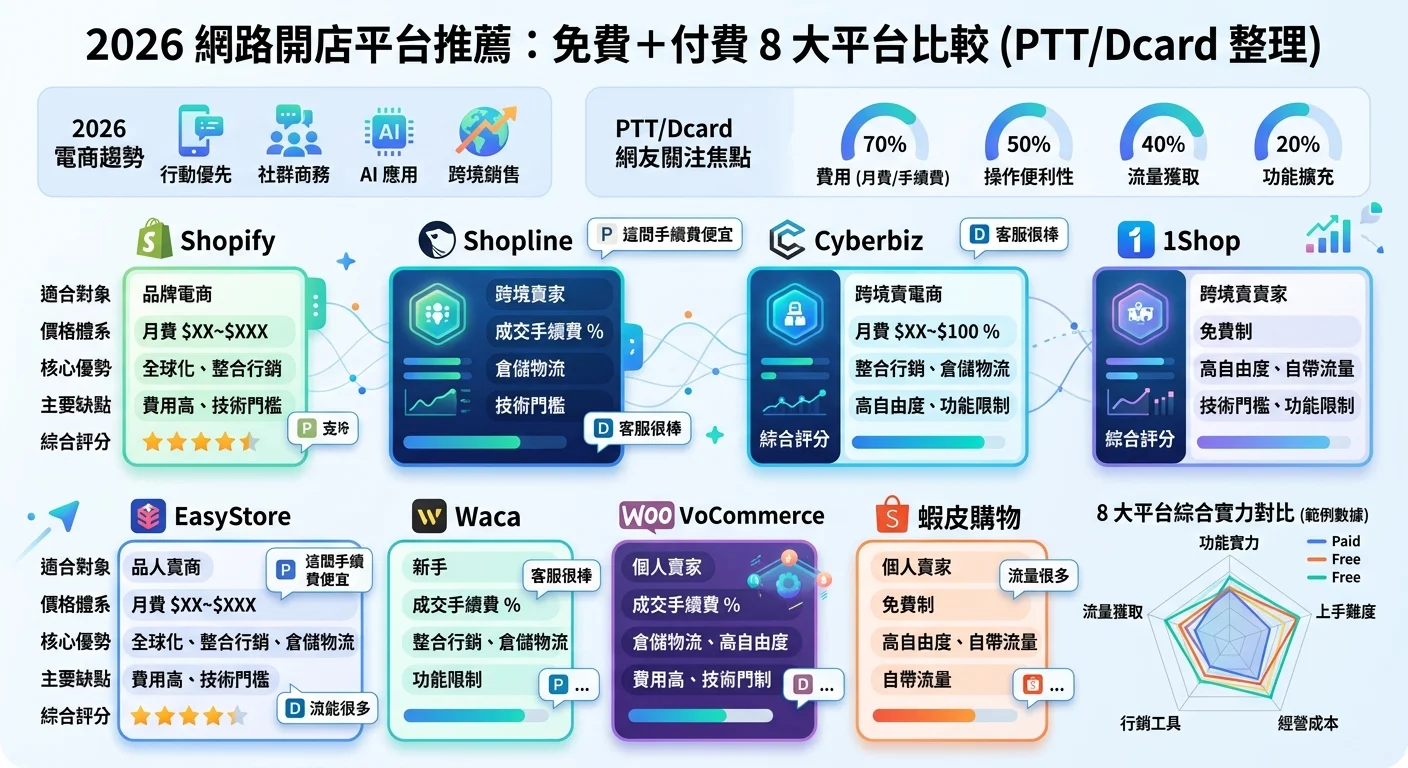 網路開店平台推薦 2026：免費＋付費 8 大平台比較（PTT/Dcard 整理）相關的視覺化資訊圖，展示核心概念與數據對比