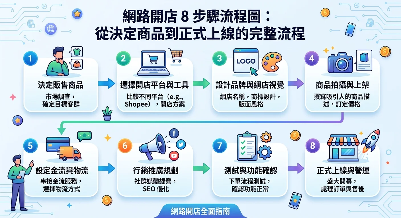 網路開店 8 步驟流程圖，從決定商品到正式上線的完整流程