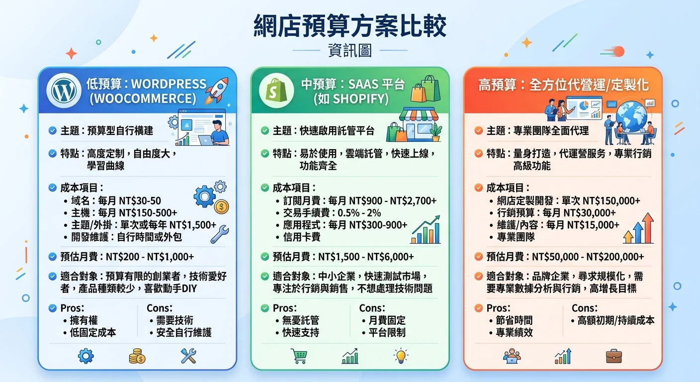 三種開店預算方案比較圖，三欄並列：低預算WordPress、中預算SaaS、高預算全包，每欄標示費用與適合對象