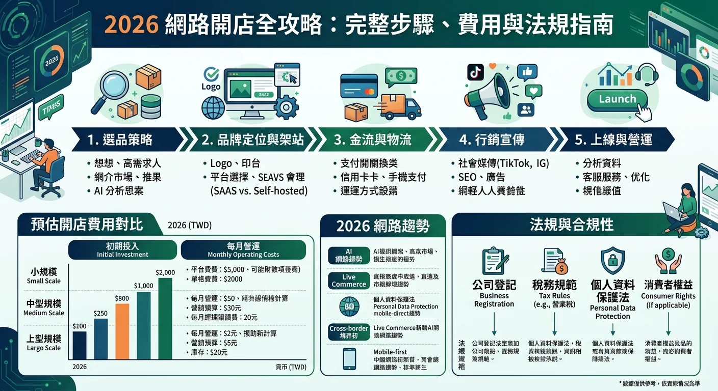 網路開店教學 2026：從選品、架站到上線的完整步驟＋費用與法規指南相關的視覺化資訊圖，展示核心概念與數據對比