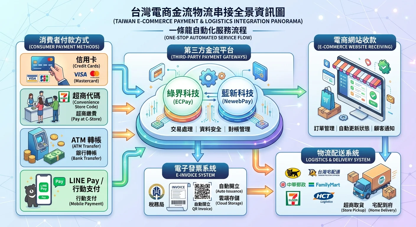 台灣電商金流物流串接全景資訊圖，左側顯示消費者付款方式（信用卡、超商代碼、ATM、LINE Pay），中間是金流平台（綠界、藍新），右側是電商網站收款，下方連接物流配送與電子發票，整體以流程箭頭串連