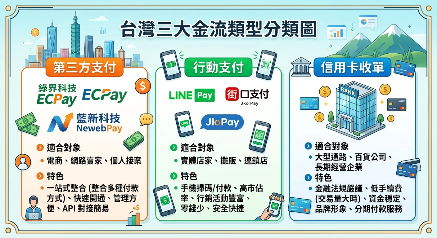 台灣三大金流類型分類圖，分為三個區塊：第三方支付（綠界、藍新 logo 示意）、行動支付（LINE Pay、街口 logo 示意）、信用卡收單（銀行大樓圖示），每個區塊標示適合對象與特色