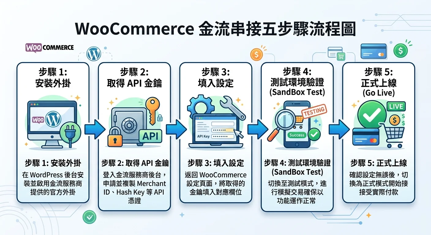 WooCommerce 金流串接五步驟流程圖，Step 1 安裝外掛、Step 2 取得 API 金鑰、Step 3 填入設定、Step 4 測試環境驗證、Step 5 正式上線，每步驟搭配簡潔圖示，以橫向箭頭串連